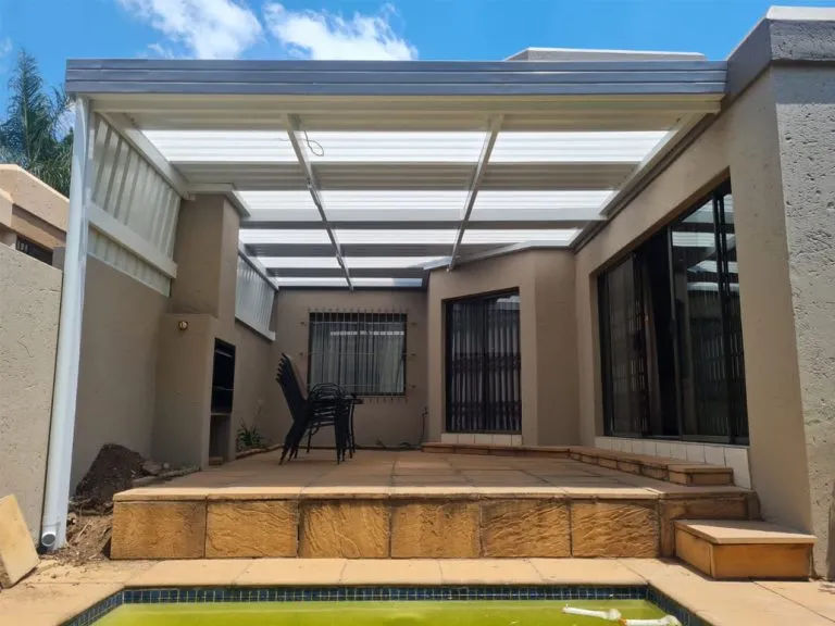 Fixed IBR roof sheeting installed over a home patio for permanent weather protection