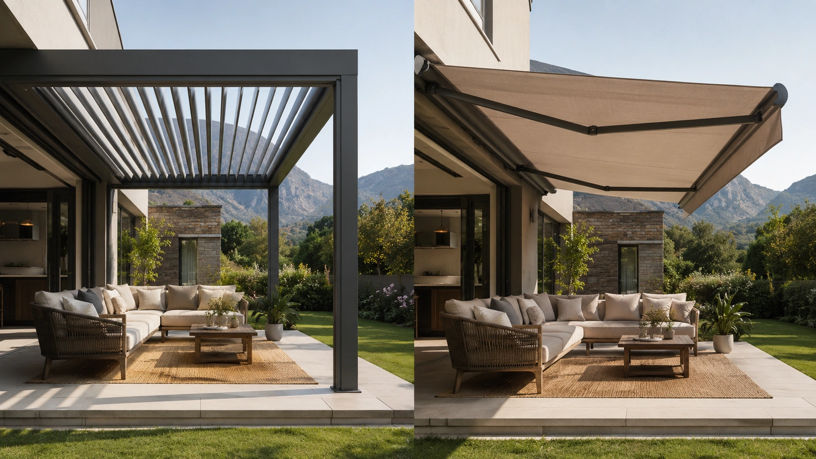 Aluminium louvre roof on one side of a patio and a fabric folding-arm awning on the other