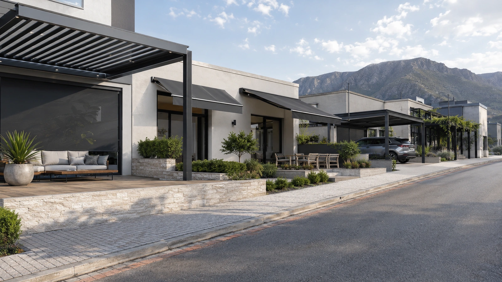 Louvre roof, fabric awning and carport shown together on one property