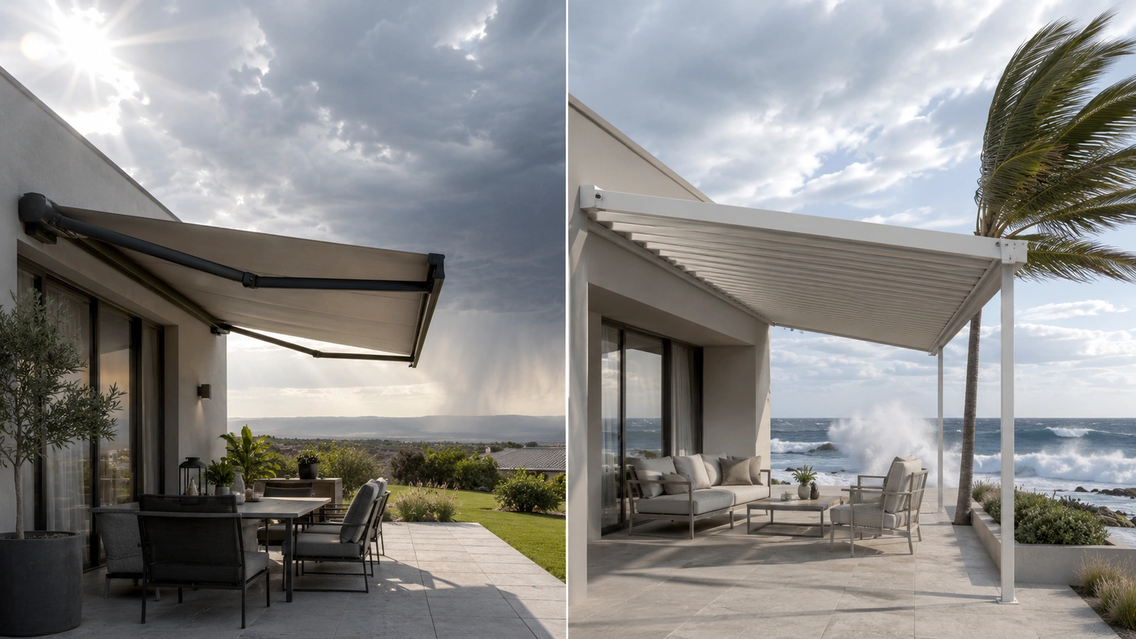 Aluminium awning on a coastal property with the sea visible in the background