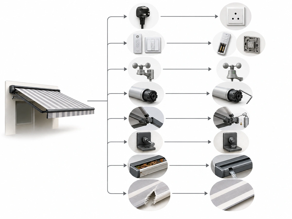Visual guide to the main considerations for Common Awning Faults and Repairs
