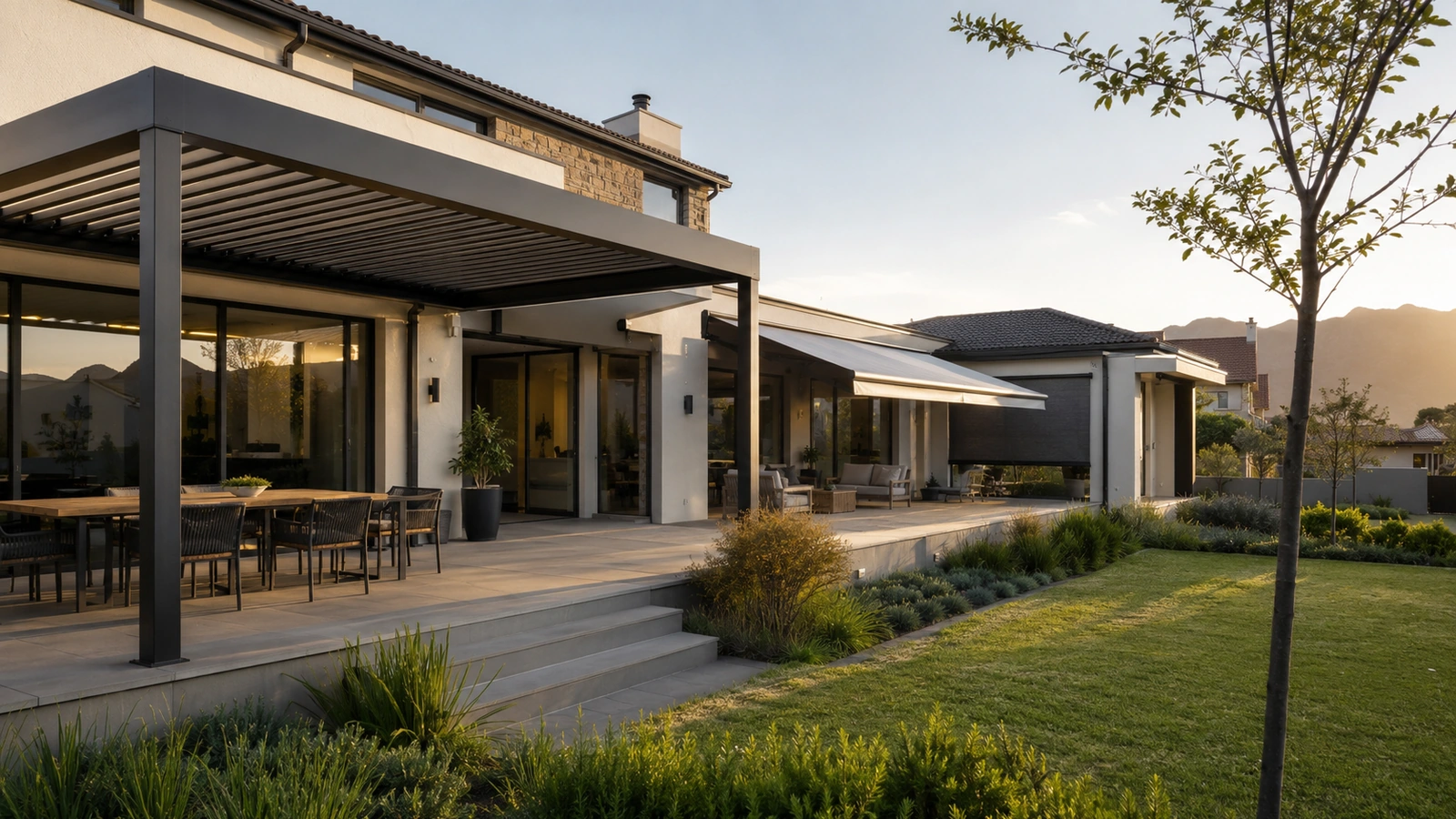 Modern South African patio with multiple awning and outdoor shade solutions
