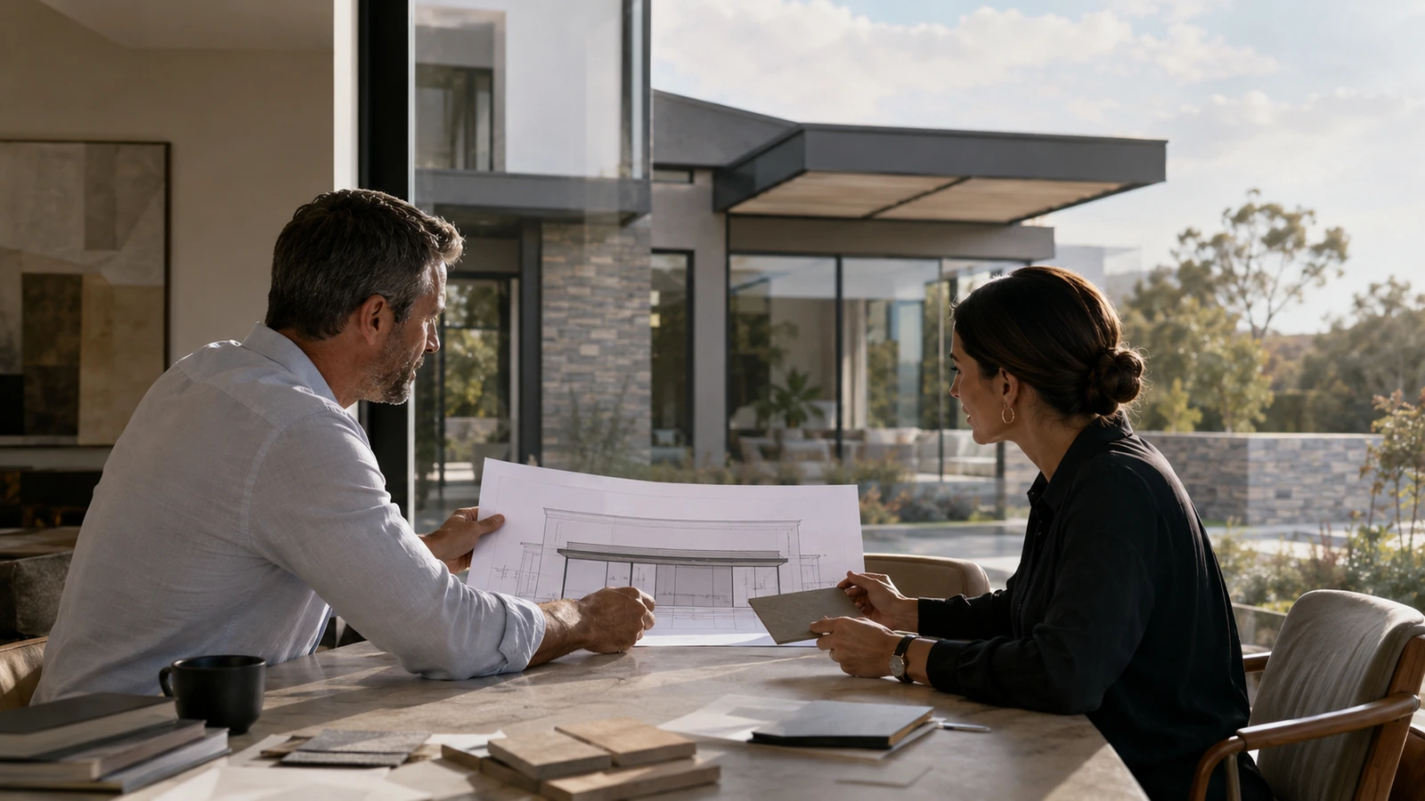 Estate architectural guideline documents and awning drawings laid out for submission