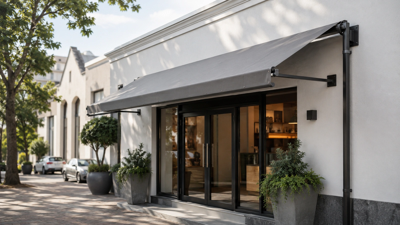 Fixed aluminium canopy awning projecting over a residential entrance door