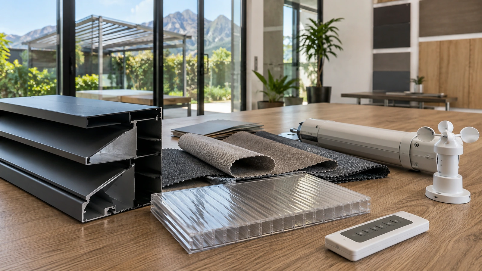Aluminium sections, awning fabric samples and polycarbonate sheeting side by side