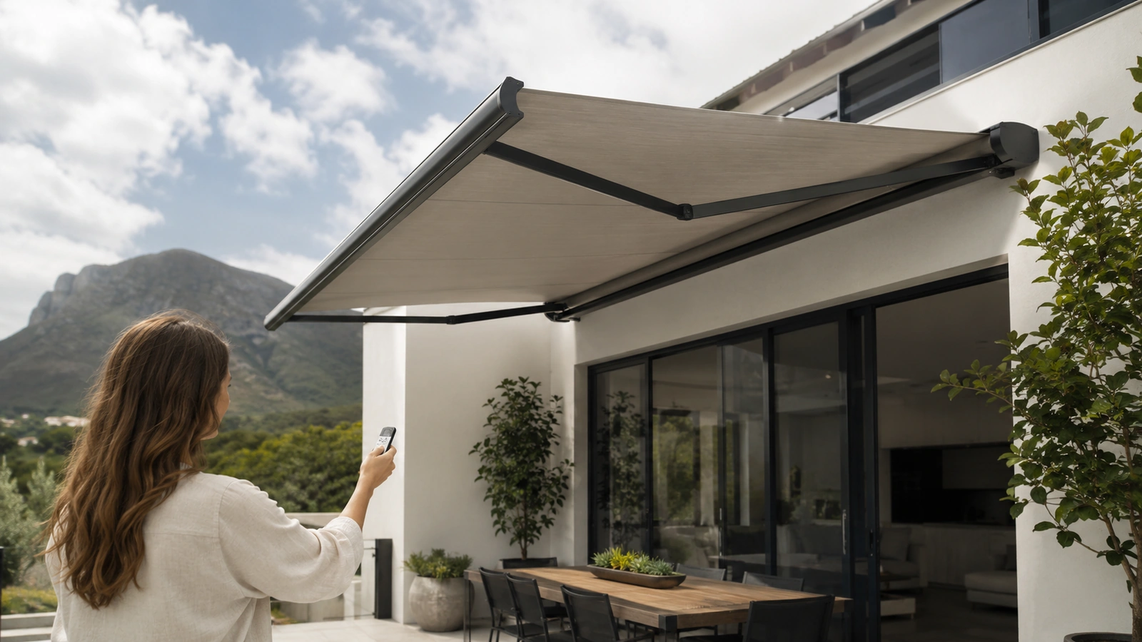 Motorised louvre awning being adjusted with a handheld remote control