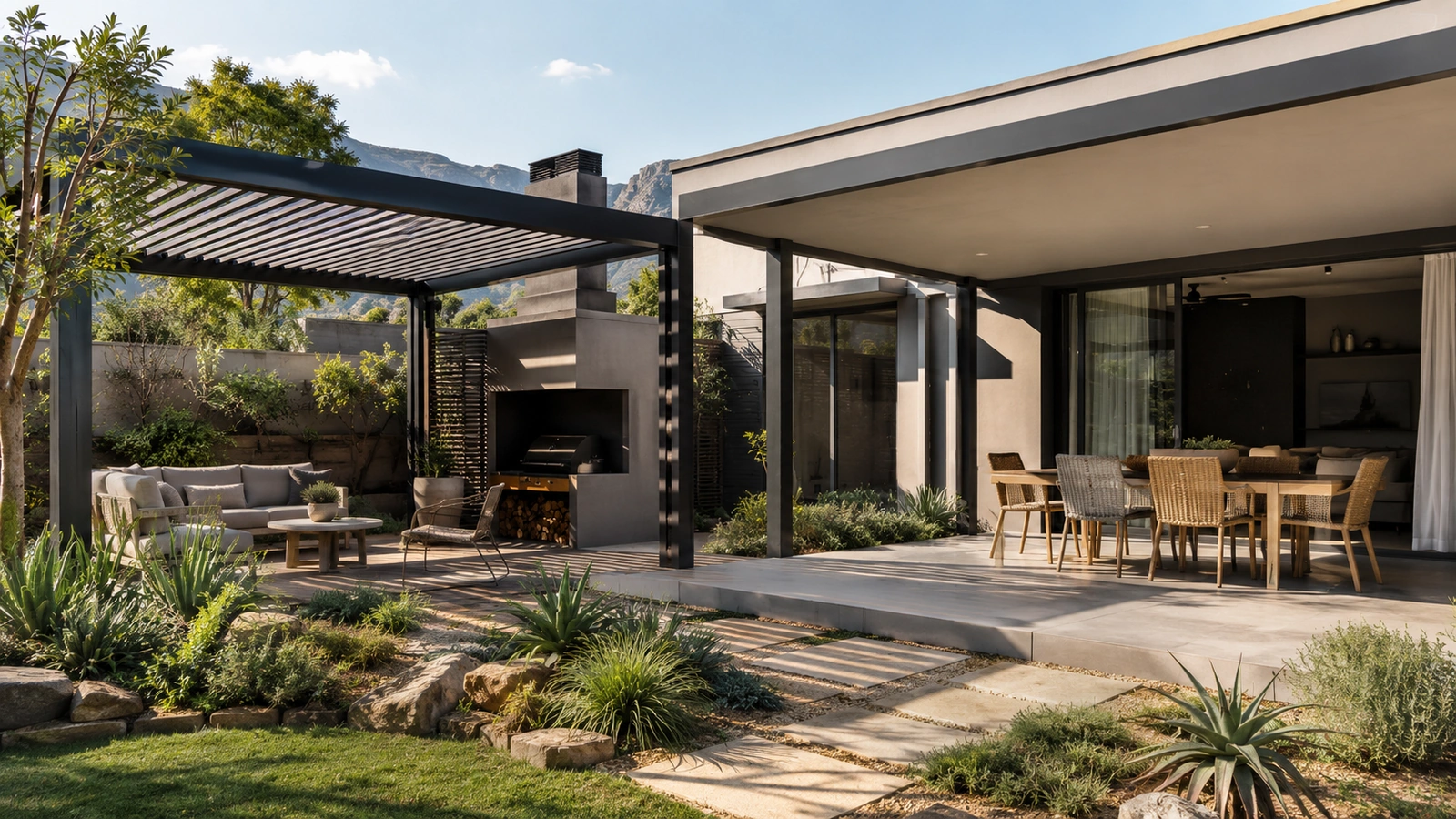 Aluminium patio cover with a finished ceiling adjoining an open slatted pergola