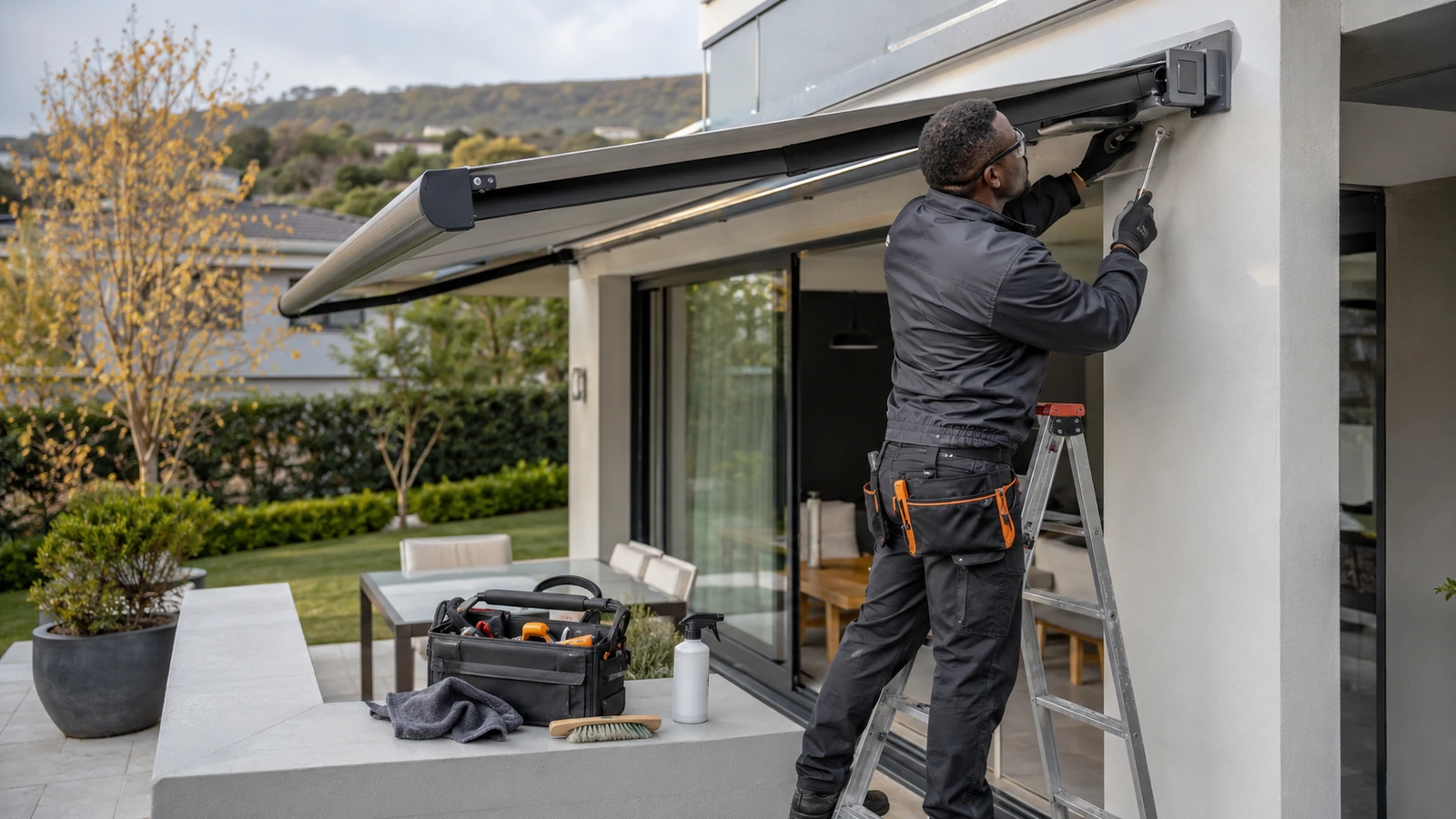 Awning gutter being cleared of leaves ahead of the summer storm season