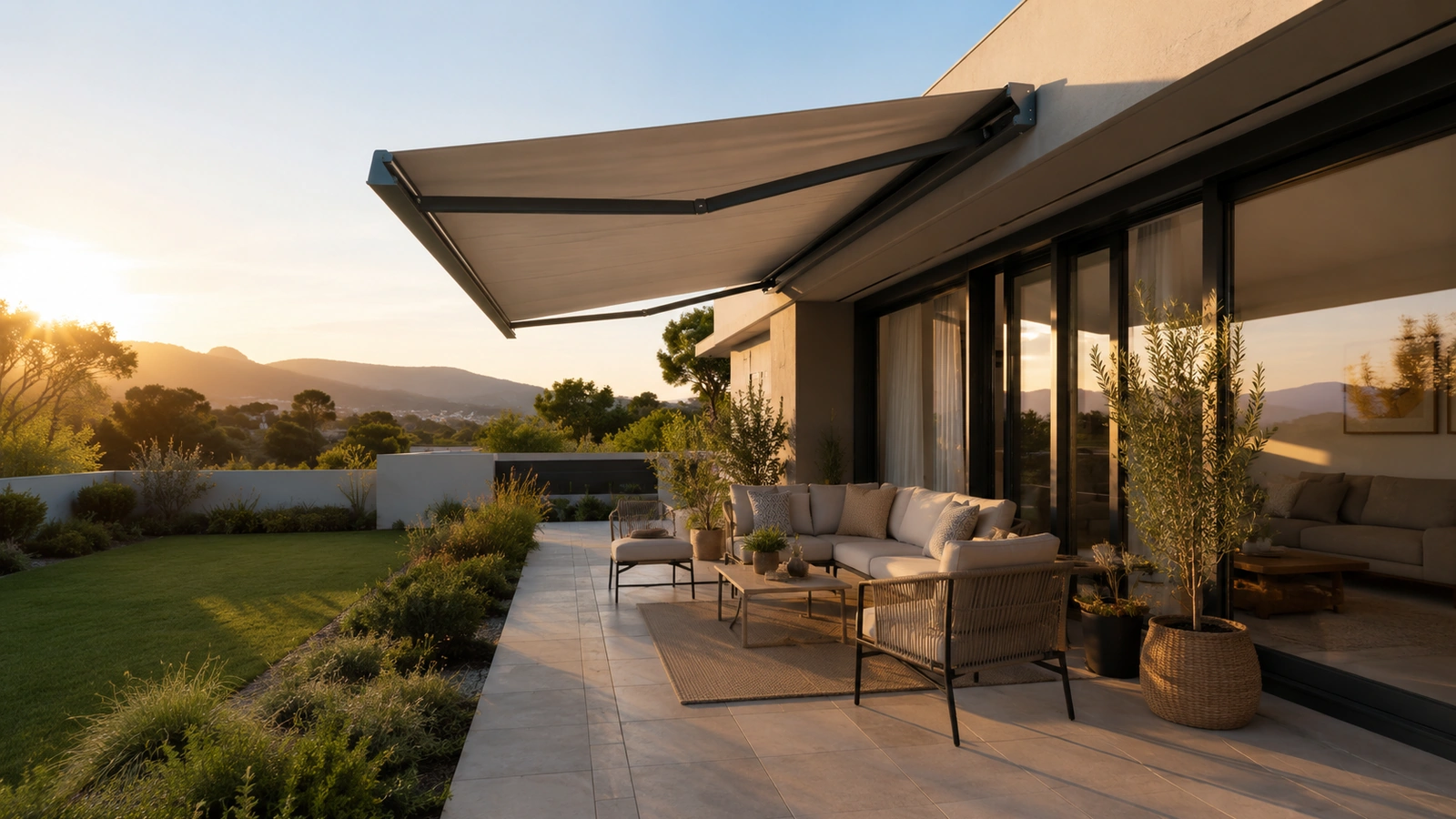 Diagram-style view of sunlight falling across a north-facing patio at midday