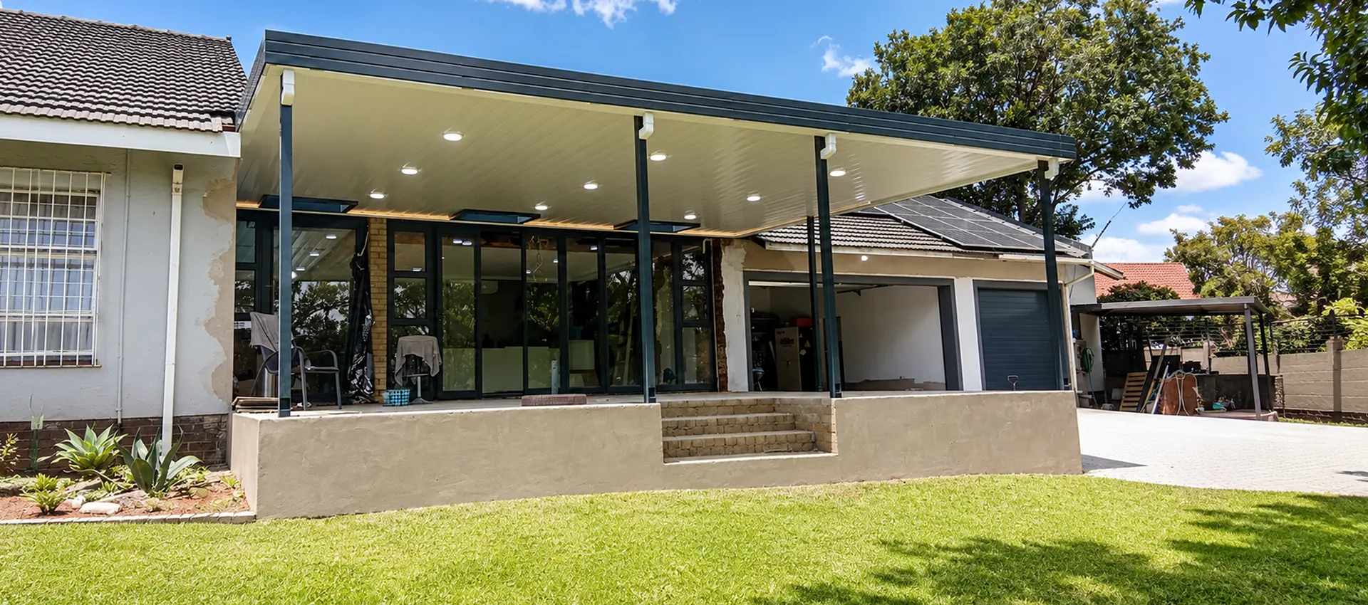 Completed aluminium patio ceiling roof with integrated lighting in Johannesburg
